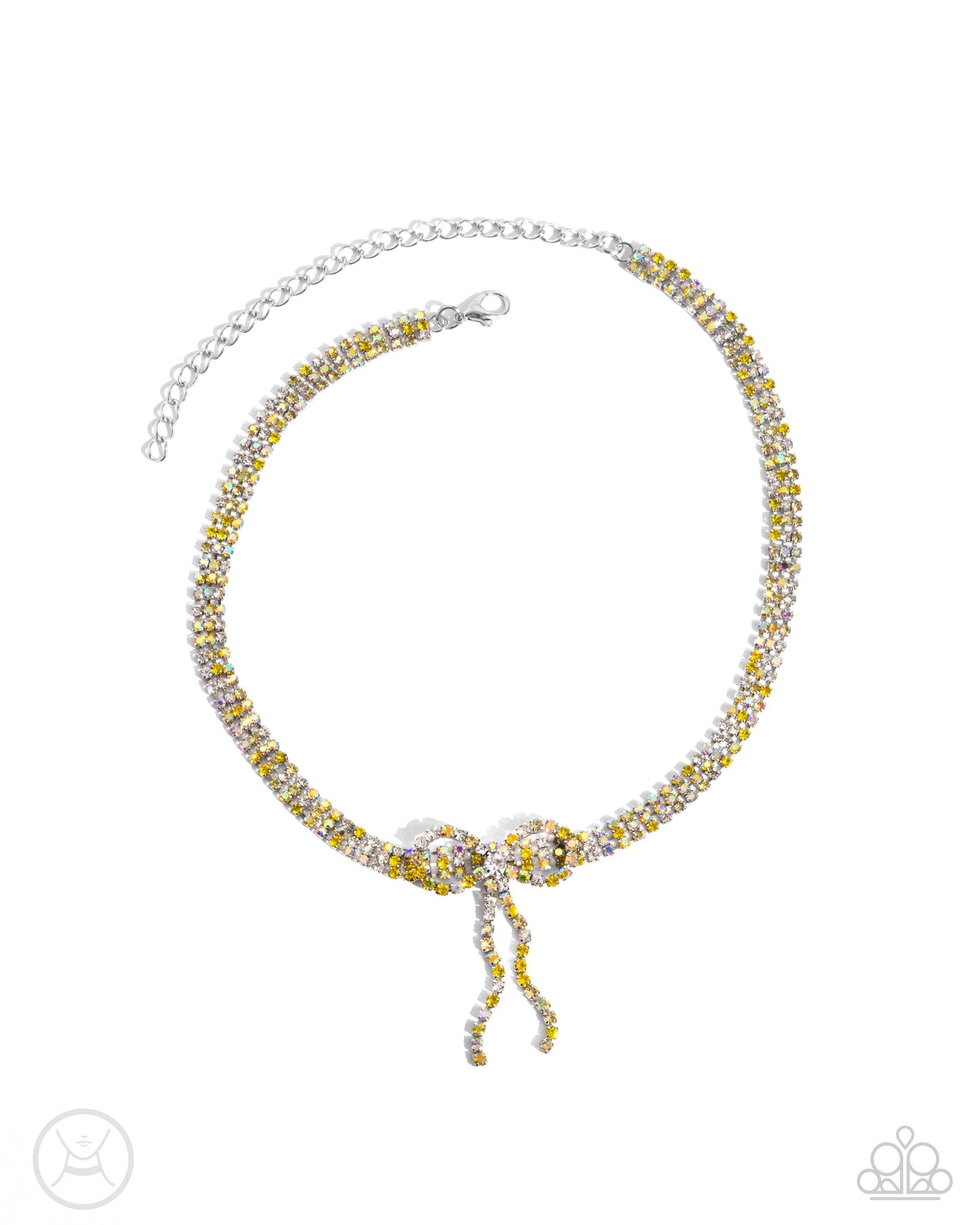Buckingham Bow - Yellow/Iridescent Rhinestone Bow Paparazzi Choker Necklace & matching earrings