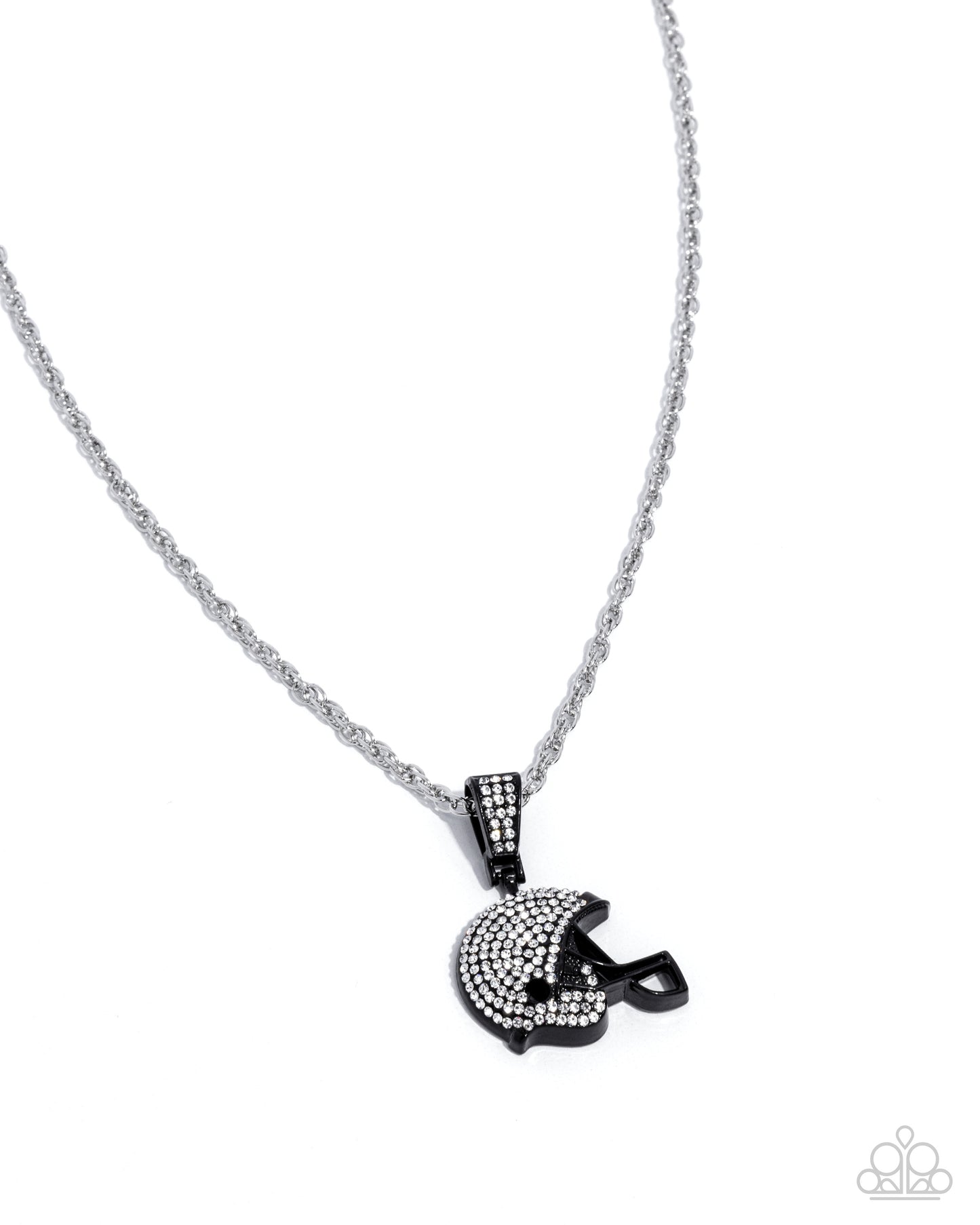 Helmet Headline - Black Helmet/White Rhinestones Pendant Paparazzi Necklace & matching earrings