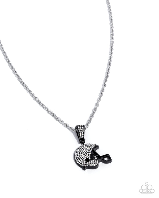 Helmet Headline - Black Helmet/White Rhinestones Pendant Paparazzi Necklace & matching earrings