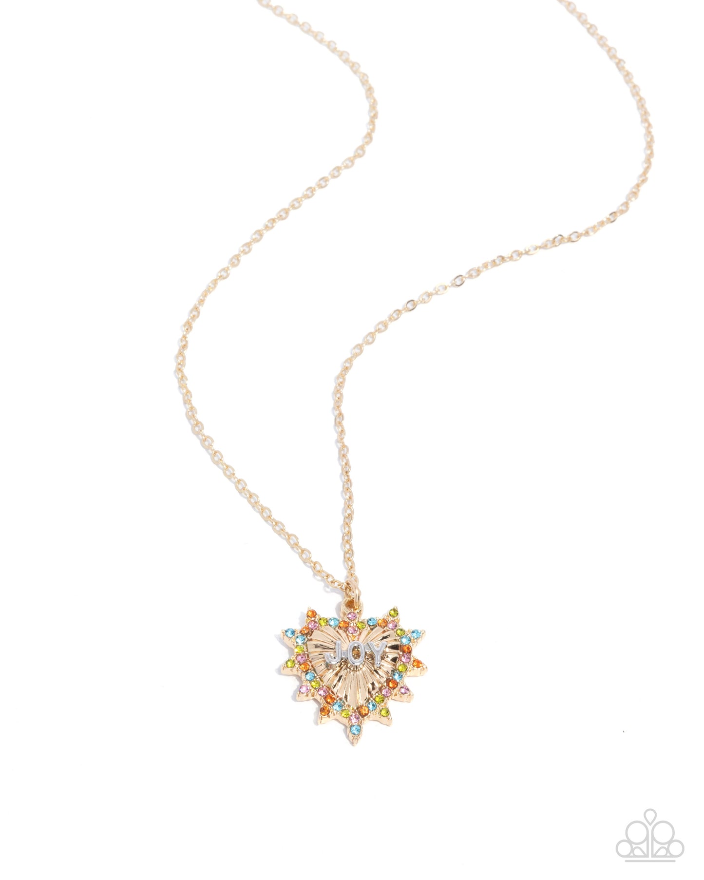 Joy to the World - Gold Oversized Heart/ Silver "Joy"/Multicolored Rhinestone Pendant Paparazzi Necklace & matching earrings