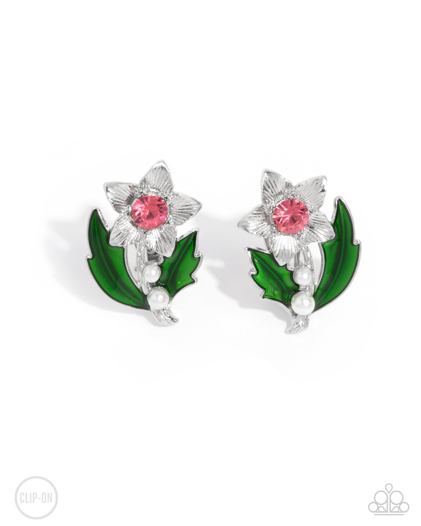 Gardening Guest - Pink Gem Center & Silver Textured Flower Paparazzi CLIP-ON Earrings