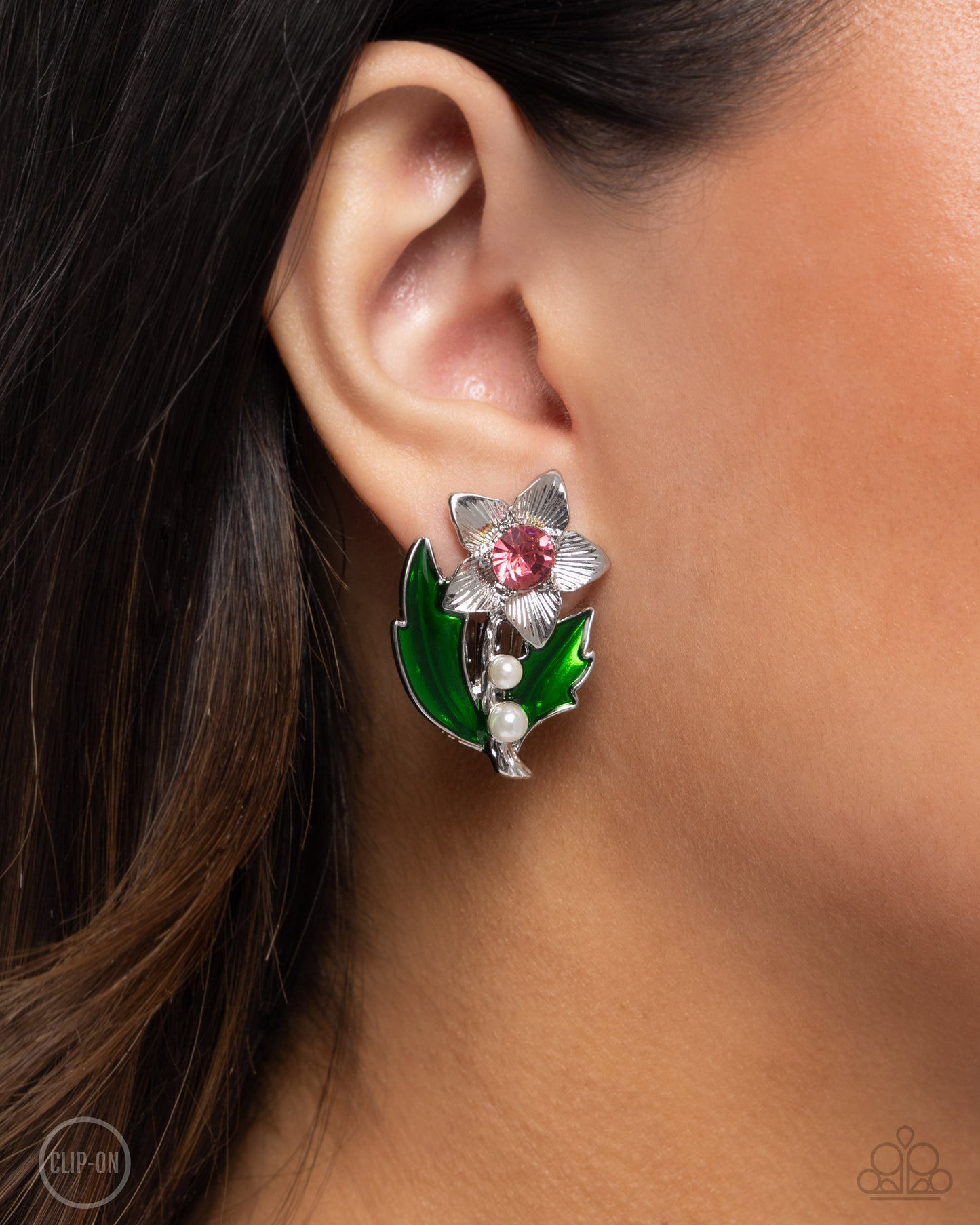 Gardening Guest - Pink Gem Center & Silver Textured Flower Paparazzi CLIP-ON Earrings