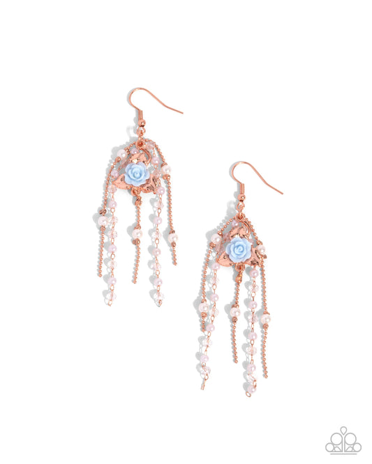 The Toast of the Ton - Copper Ball Chain Tassels, White Pearls, Dainty Blue Tose Paparazzi Earrings