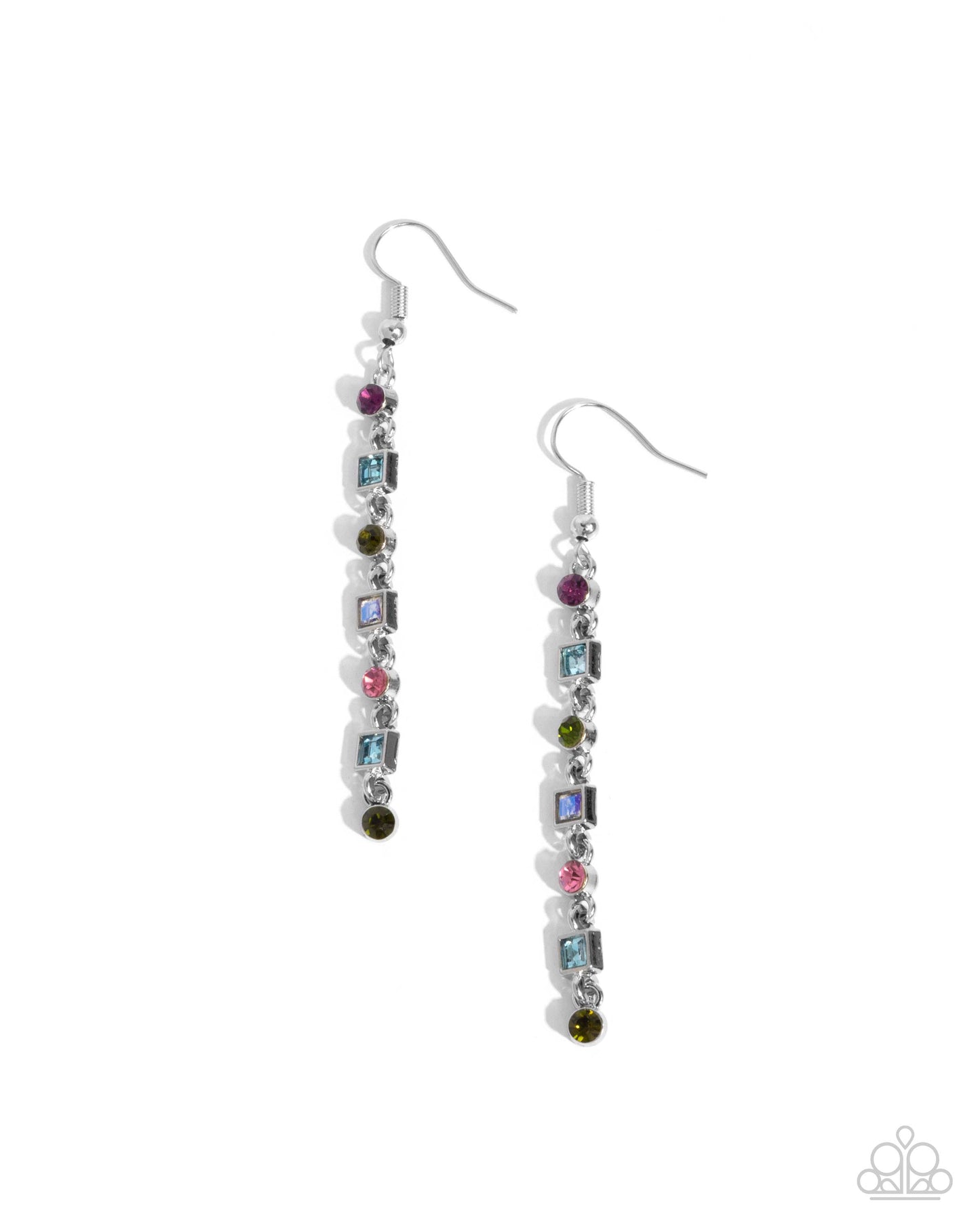 Square Slope - Multicolored Square & Round Rhinestone Paparazzi Earrings