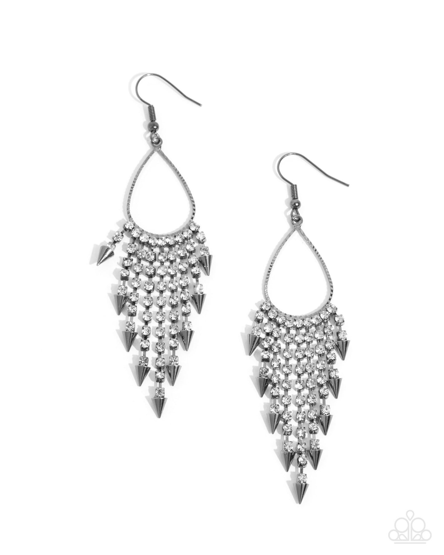 Sharp Streaming - Gunmetal Fittings & White Rhinestone Tassel Paparazzi Earrings