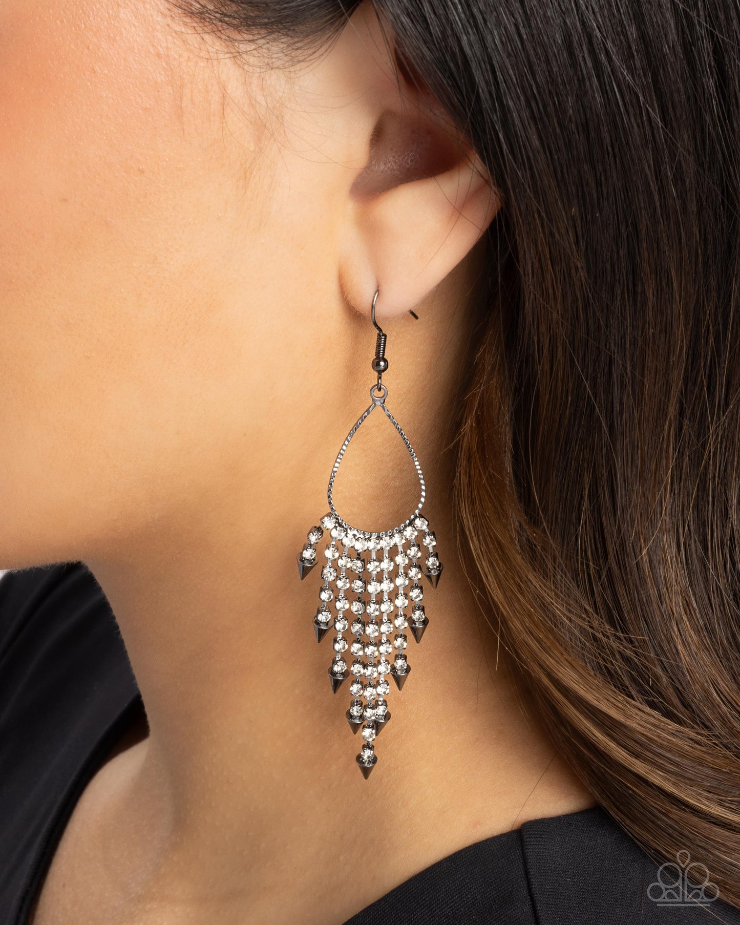 Sharp Streaming - Gunmetal Fittings & White Rhinestone Tassel Paparazzi Earrings