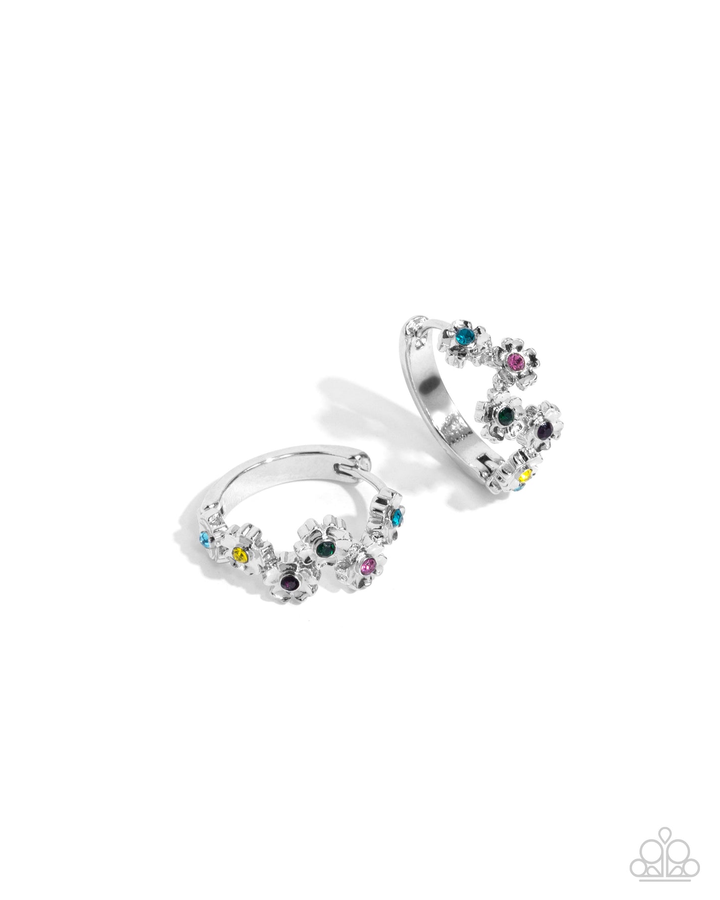 Budding Botanicals - Multicolored Rhinestone Centers/Silver Flowers Paparazzi Hoop Earrings