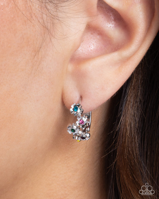 Budding Botanicals - Multicolored Rhinestone Centers/Silver Flowers Paparazzi Hoop Earrings