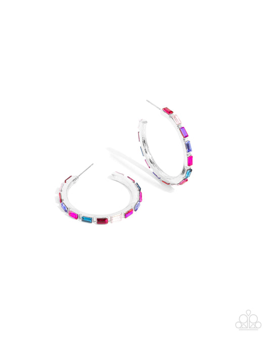 Carnival Chic - Pink & Multicolored Gems/Silver Hoop Paparazzi Earrings