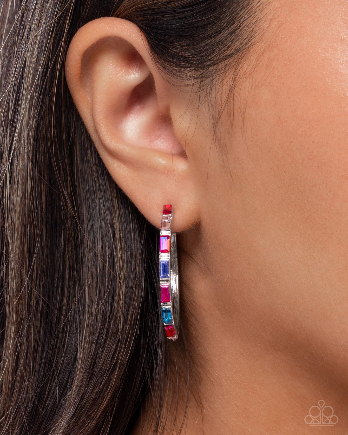 Carnival Chic - Pink & Multicolored Gems/Silver Hoop Paparazzi Earrings