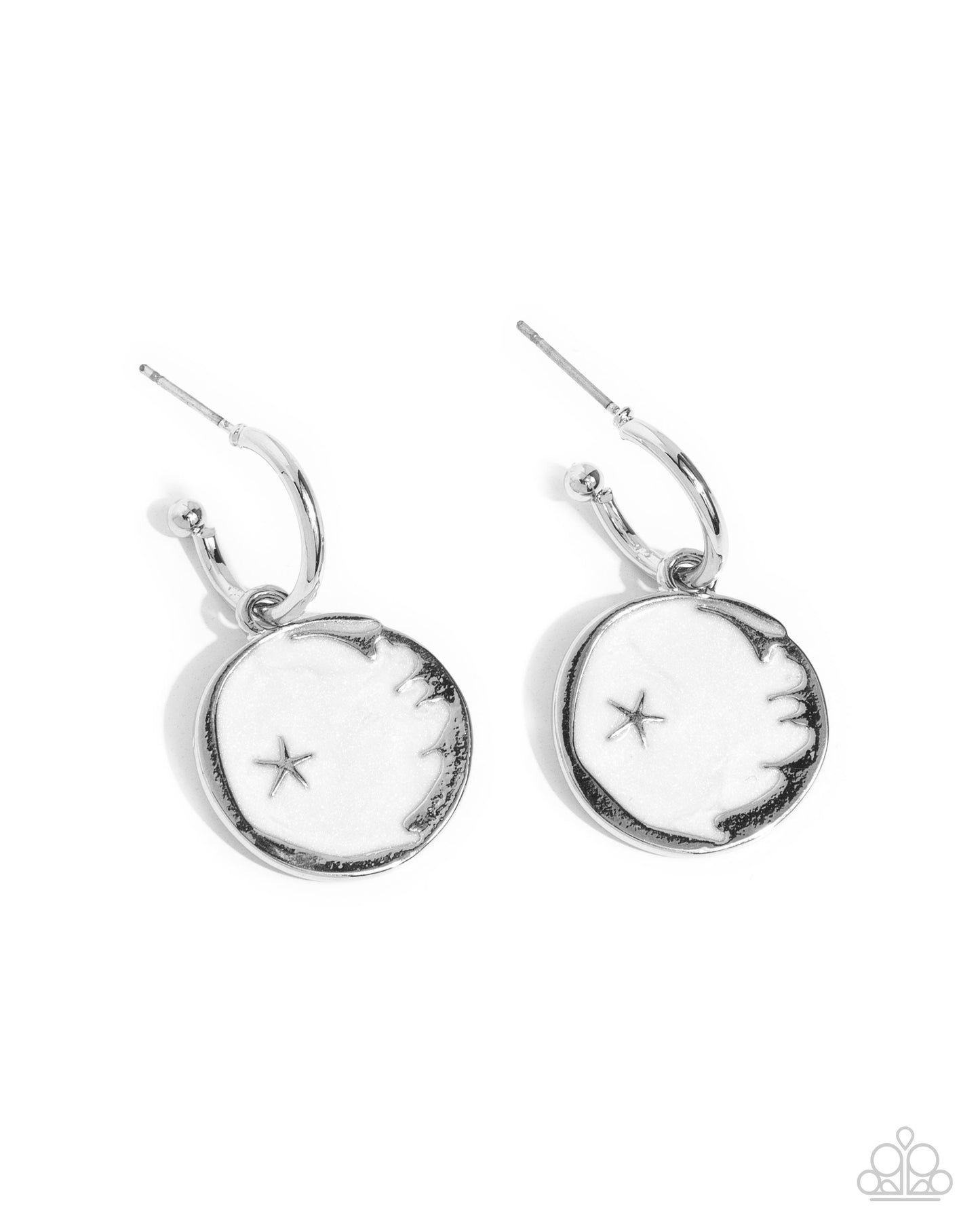 South Star - White Pearl Painted/Silver Star Disc Paparazzi Hoop Earrings