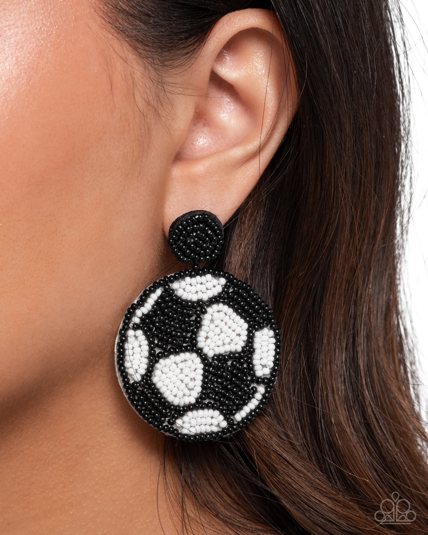 Grand Goalkeeper - Black & White Seed Bead Soccer Ball Paparazzi Earrings