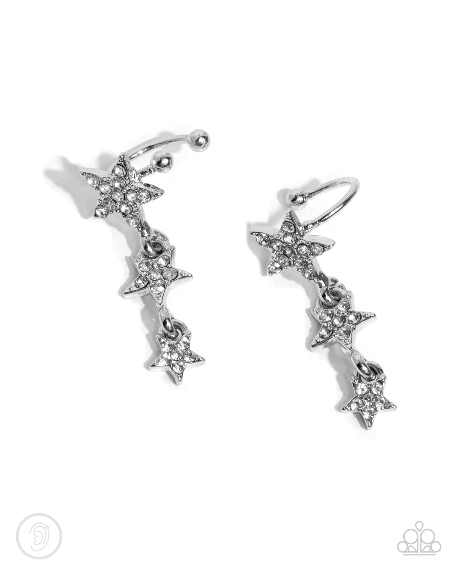 Stellar Surge - White Rhinestone Embellished Silver Stars Paparazzi Ear Cuff Earrings