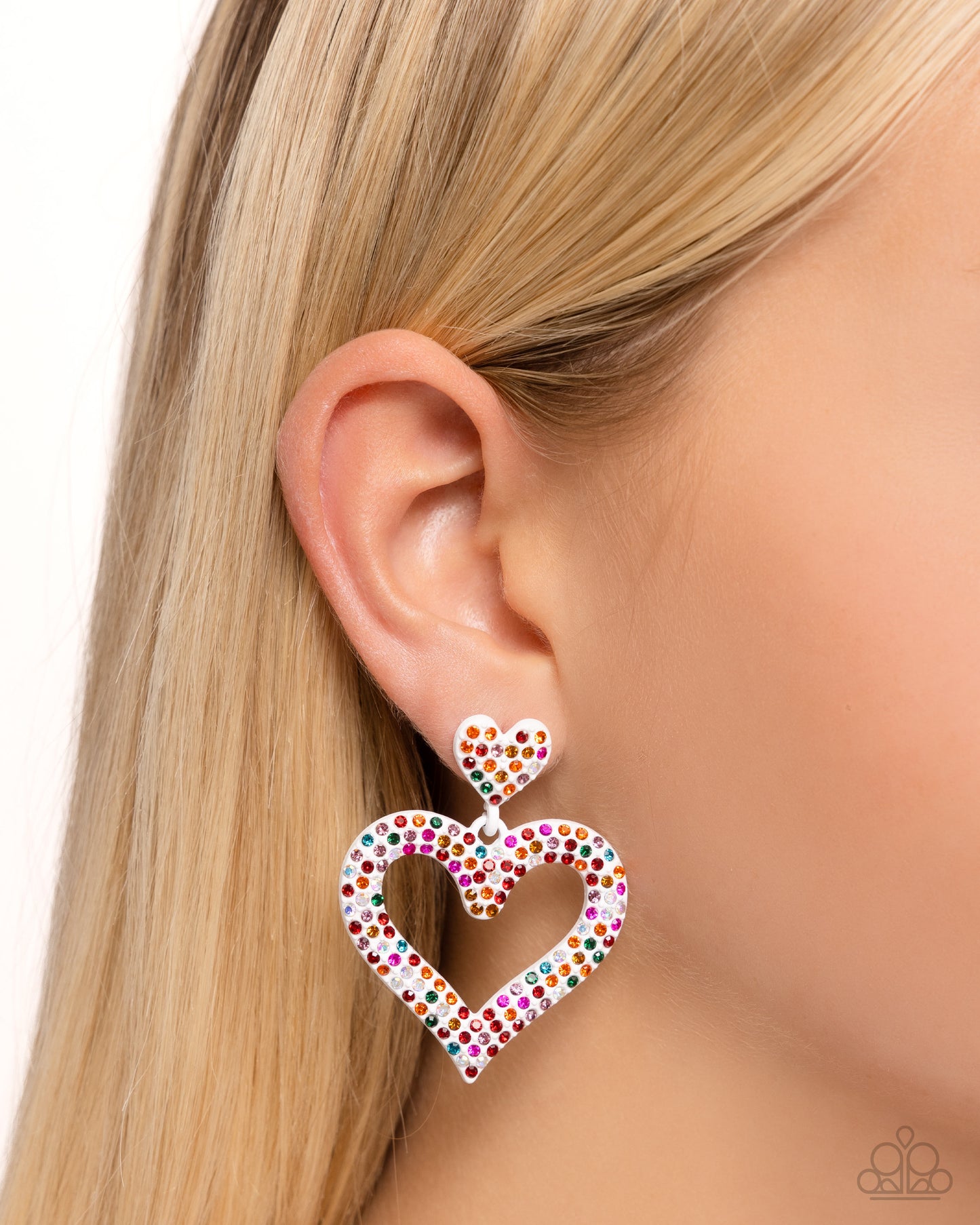 Dazzling Deed - Multicolored Rhinestone Embellished Oversized White Heart Paparazzi Earrings