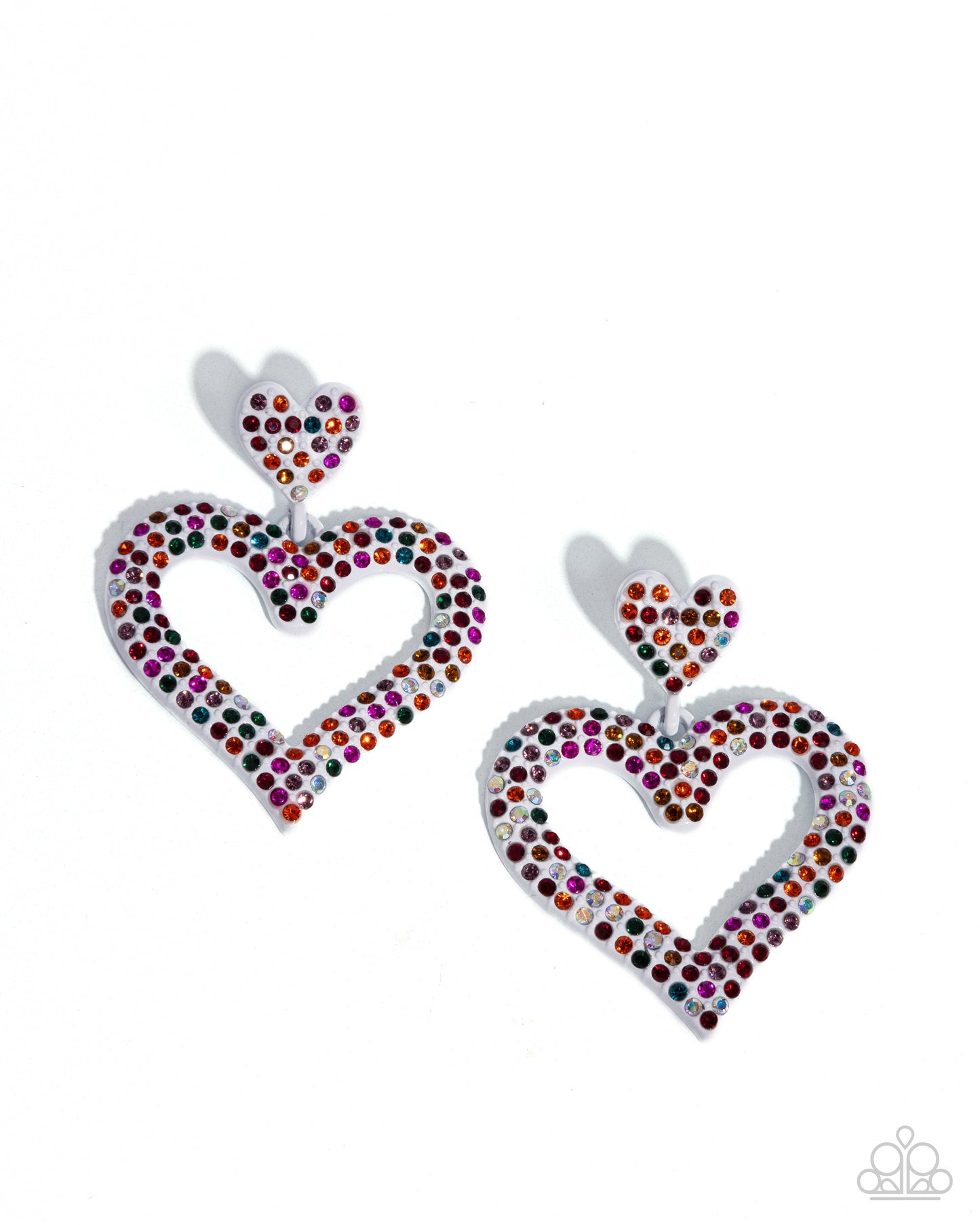 Dazzling Deed - Multicolored Rhinestone Embellished Oversized White Heart Paparazzi Earrings