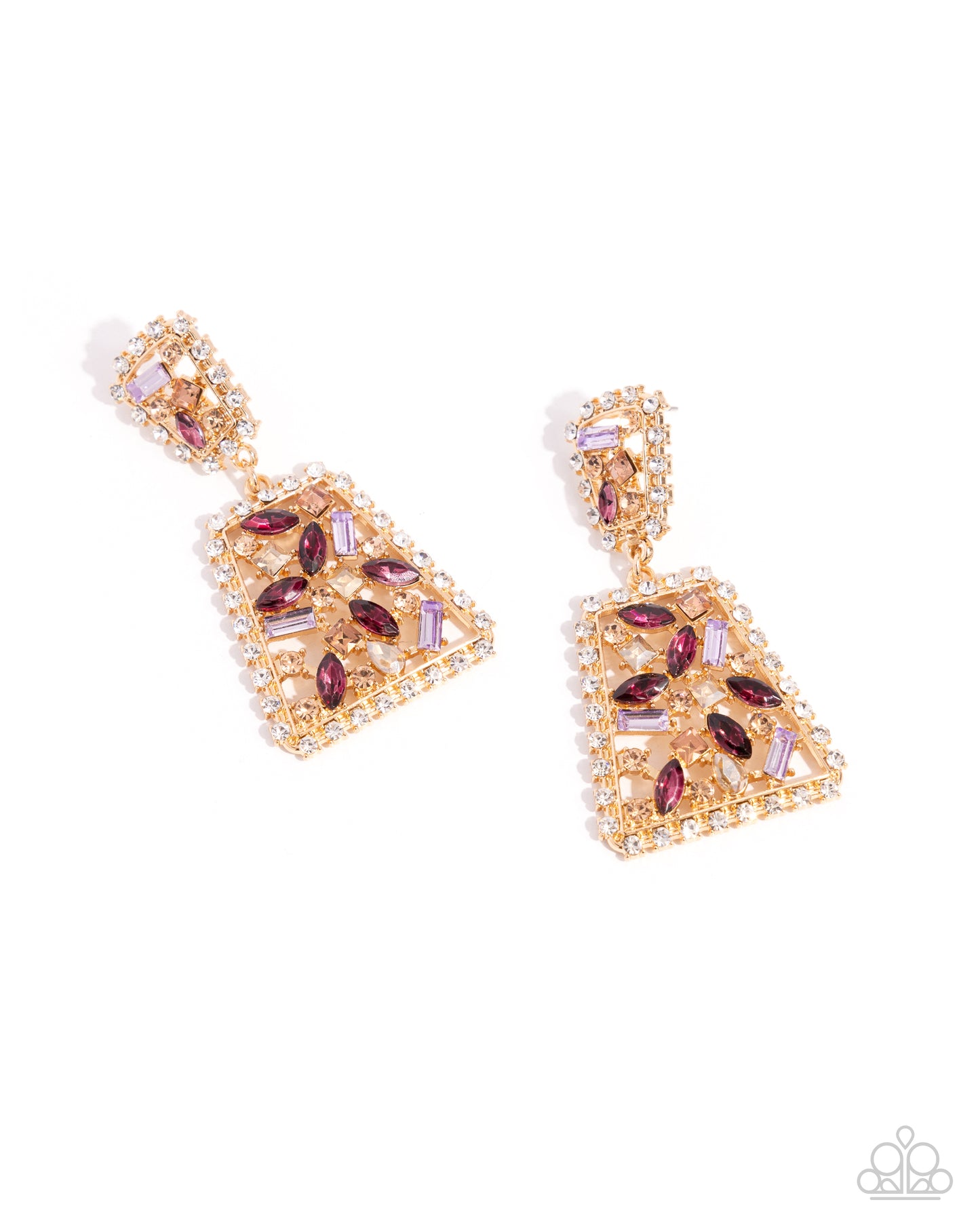 Glistening Gala - Purple, Peach, White Rhinestones & Gold Abstract Frame Paparazzi Earrings