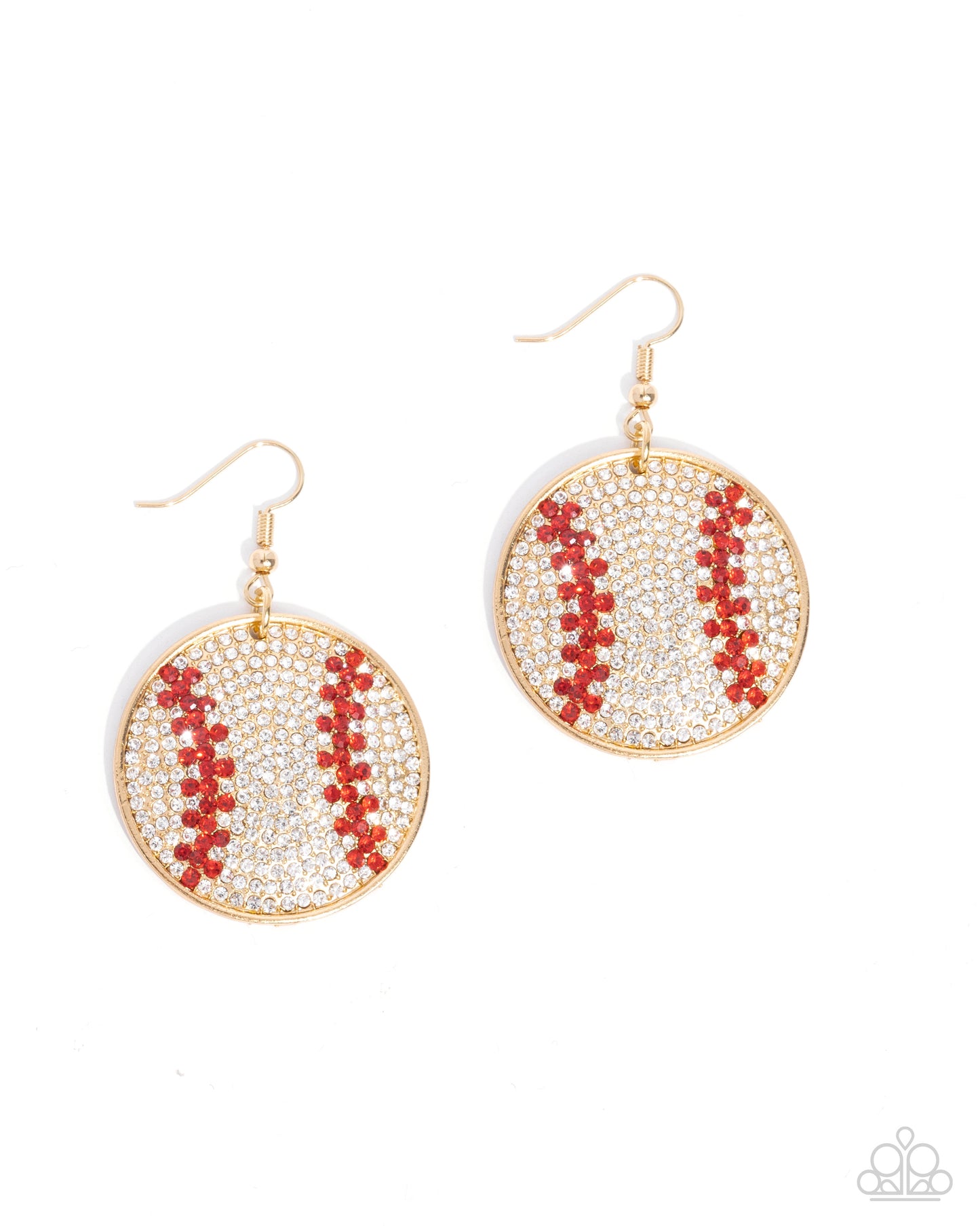 Homerun Haute - Gold Frame, Red/White Rhinestone "Baseball" Paparazzi Earrings