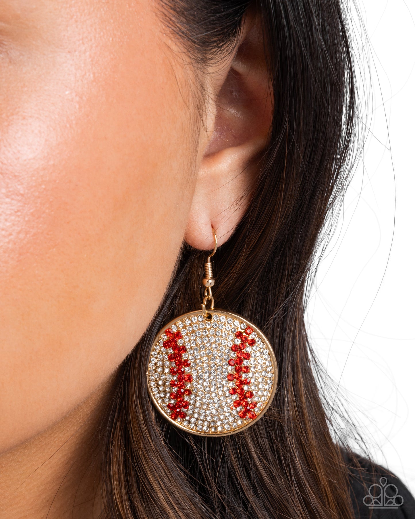Homerun Haute - Gold Frame, Red/White Rhinestone "Baseball" Paparazzi Earrings