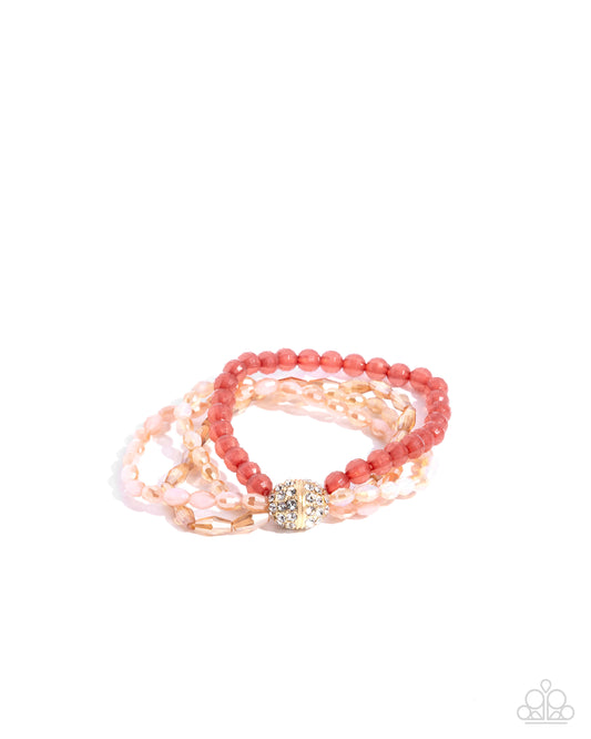 Beaded Boundary - Pink, Peach, & Gold Beads/Embellished Gold Ornament Paparazzi Stretch Bracelet