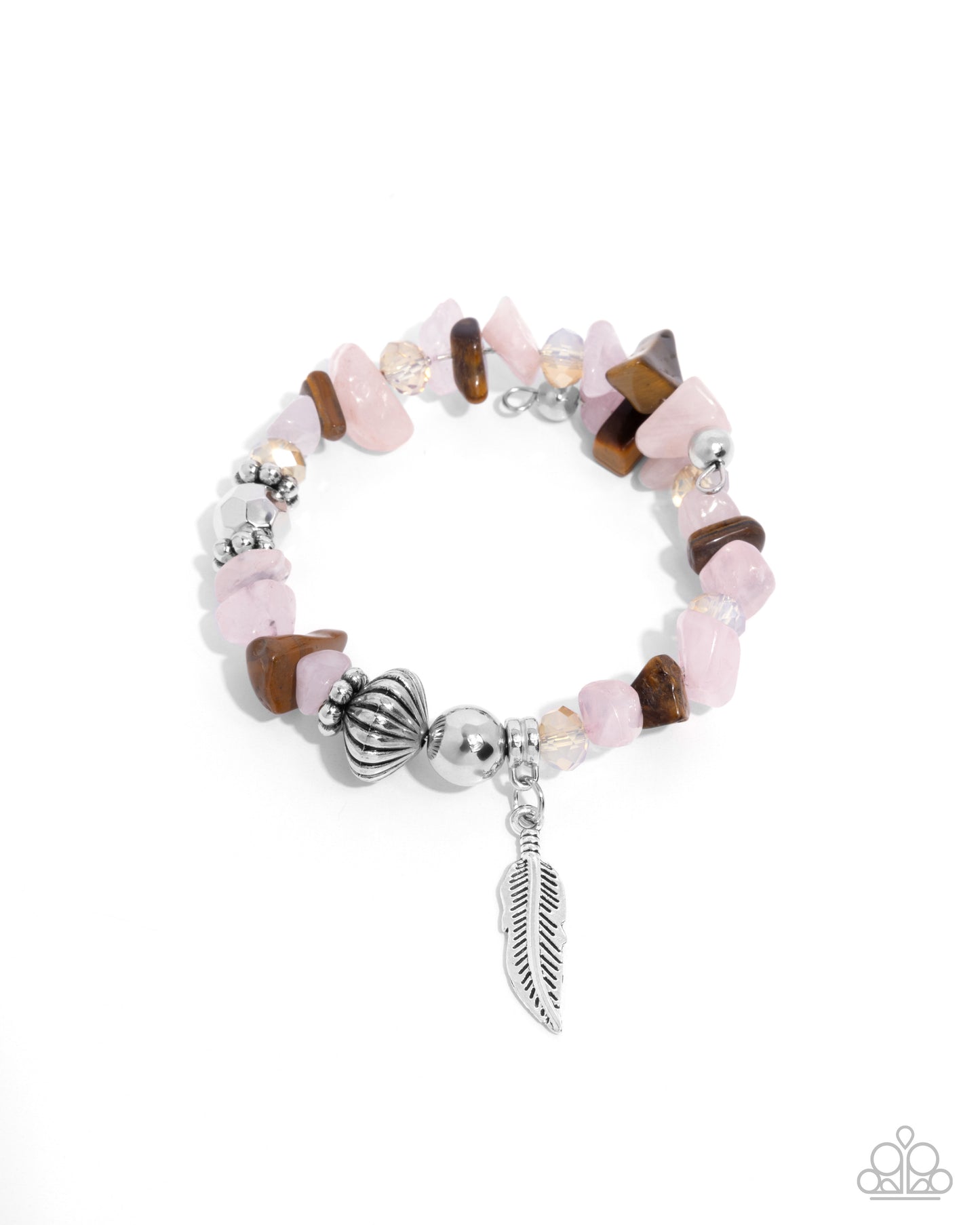 Earthy Earning - Pink Chiseled Stones & Silver Feather Charm Paparazzi Stretch Bracelet