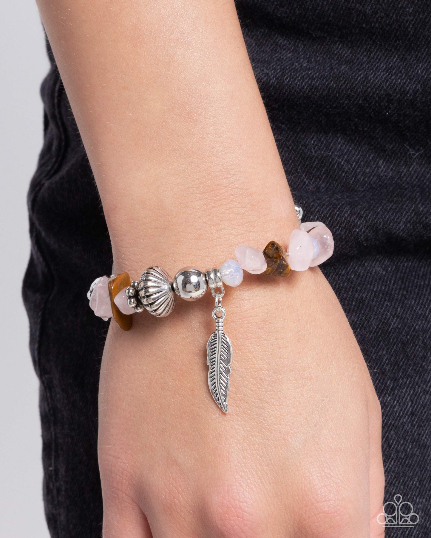 Earthy Earning - Pink Chiseled Stones & Silver Feather Charm Paparazzi Stretch Bracelet