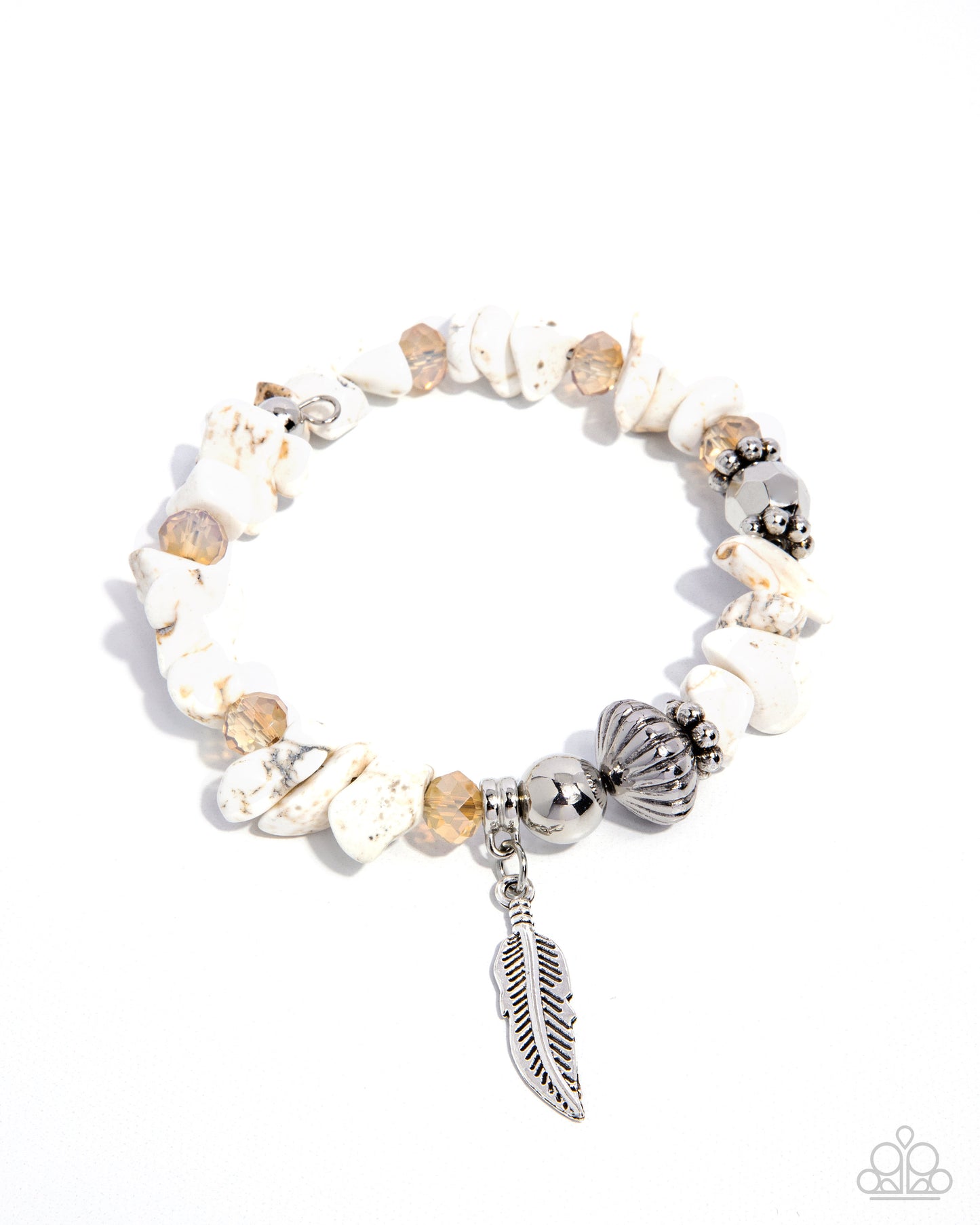 Earthy Earning - White Chiseled Stones, Silver Beads, Faceted Peach Beaded Paparazzi Stretch Bracelet