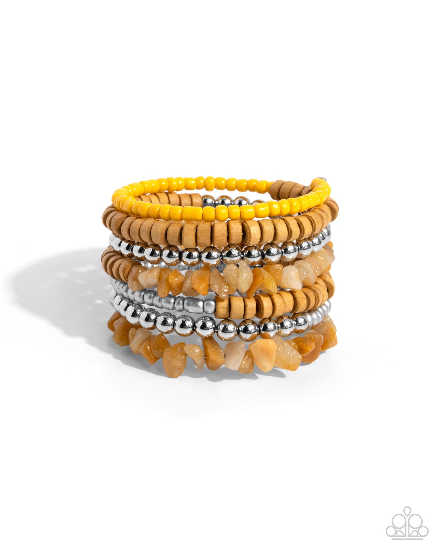 Plentiful Pizzazz - Yellow Seed Beads/Wooden Discs/Stone Pebble Paparazzi Coil Bracelet