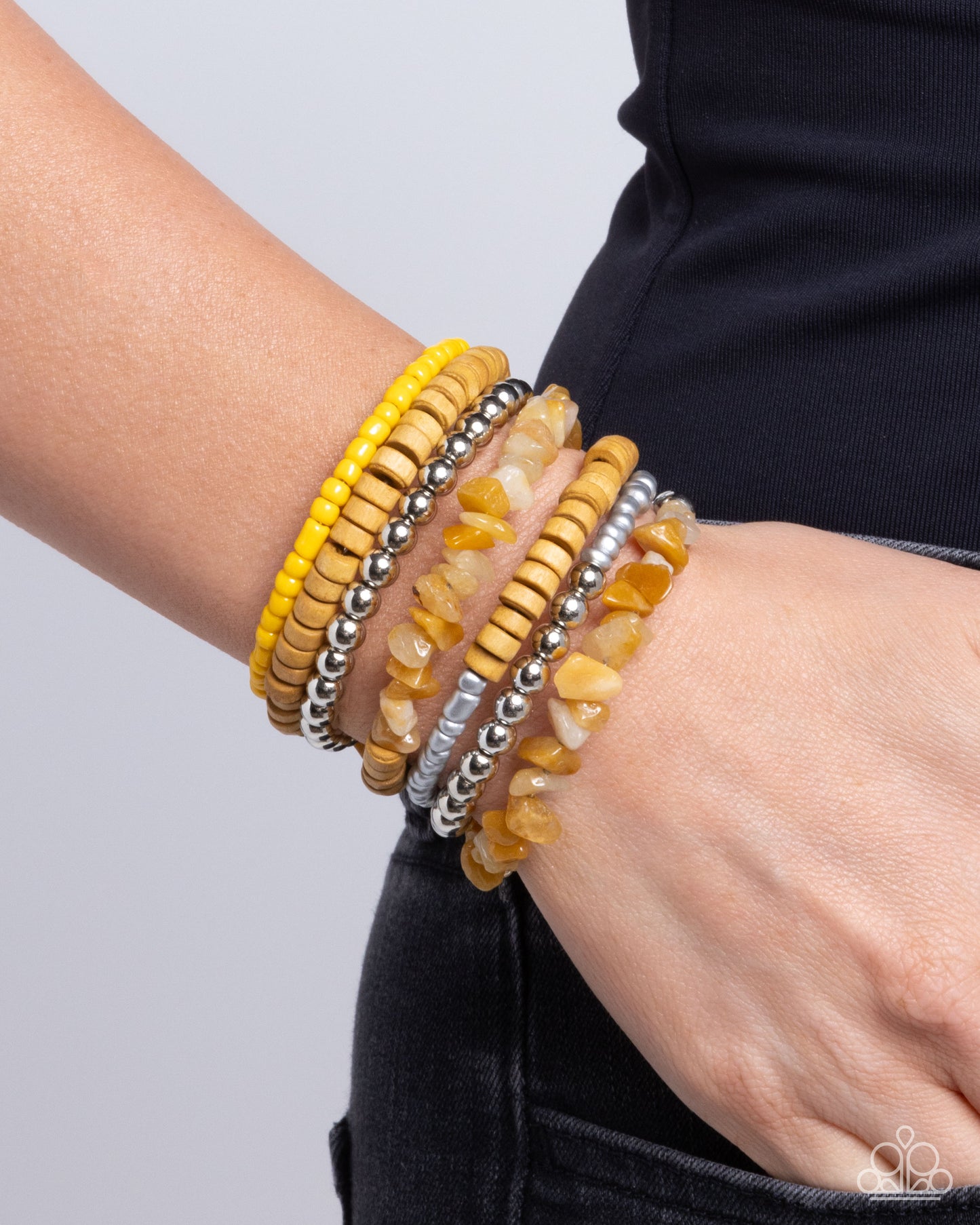 Plentiful Pizzazz - Yellow Seed Beads/Wooden Discs/Stone Pebble Paparazzi Coil Bracelet