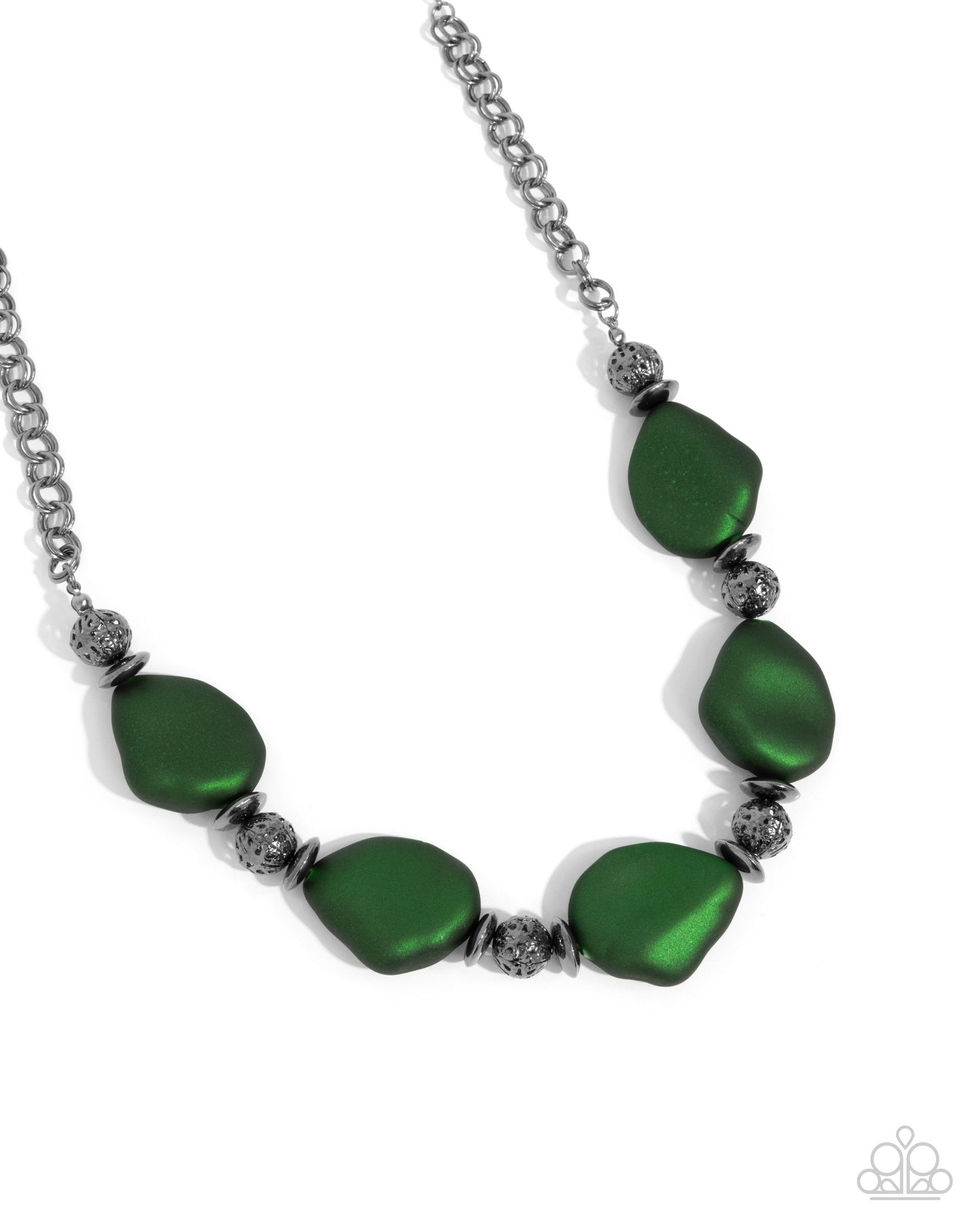 Refulgent Reformation - Green Abstract Beads/Gunmetal Discs Paparazzi Necklace & matching earrings