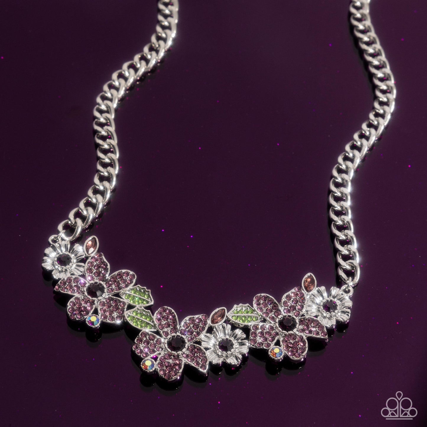 Guiding Garden - Purple Gems/Green Rhinestone Embellished Silver Flower Pendant Paparazzi Necklace & matching earrings