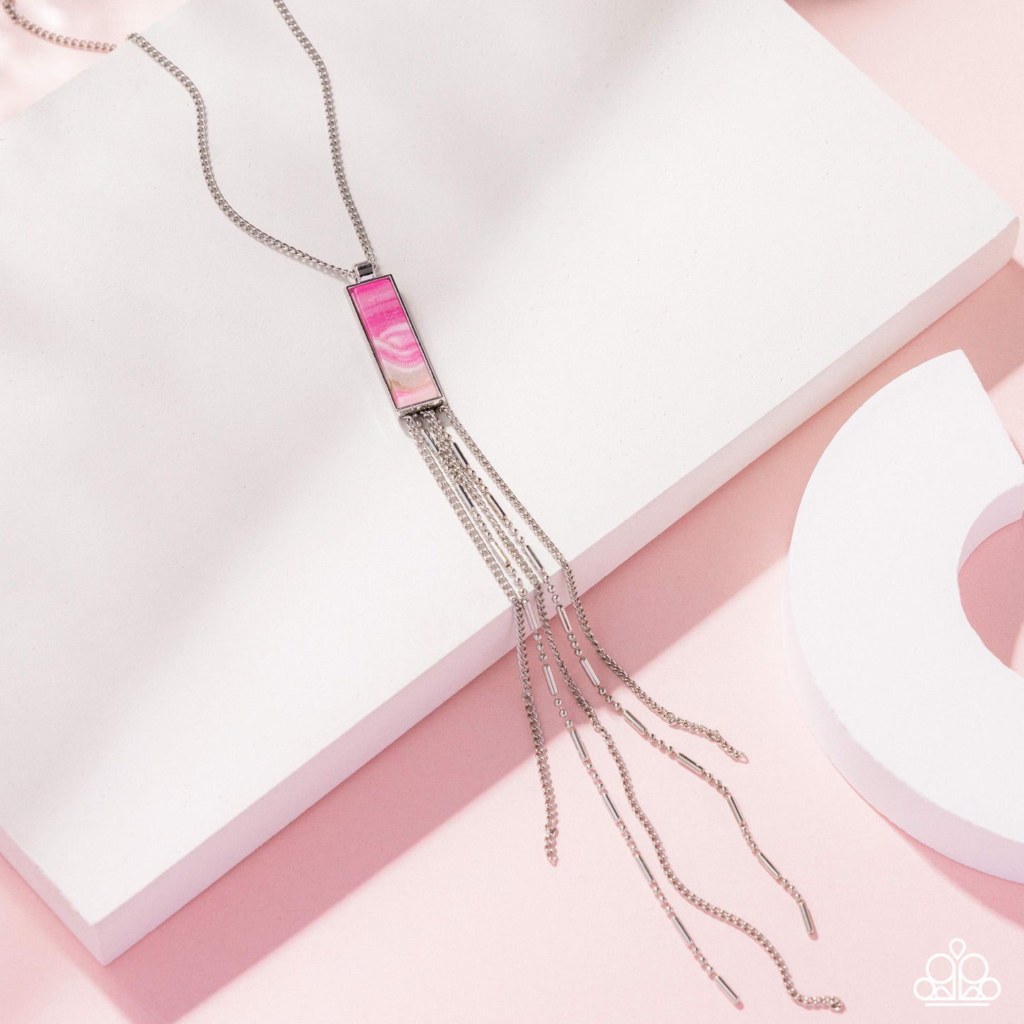 Refreshing Redemption - Pink Rectangular Stone/Silver Chain Tassels Paparazzi Necklace & matching earrings
