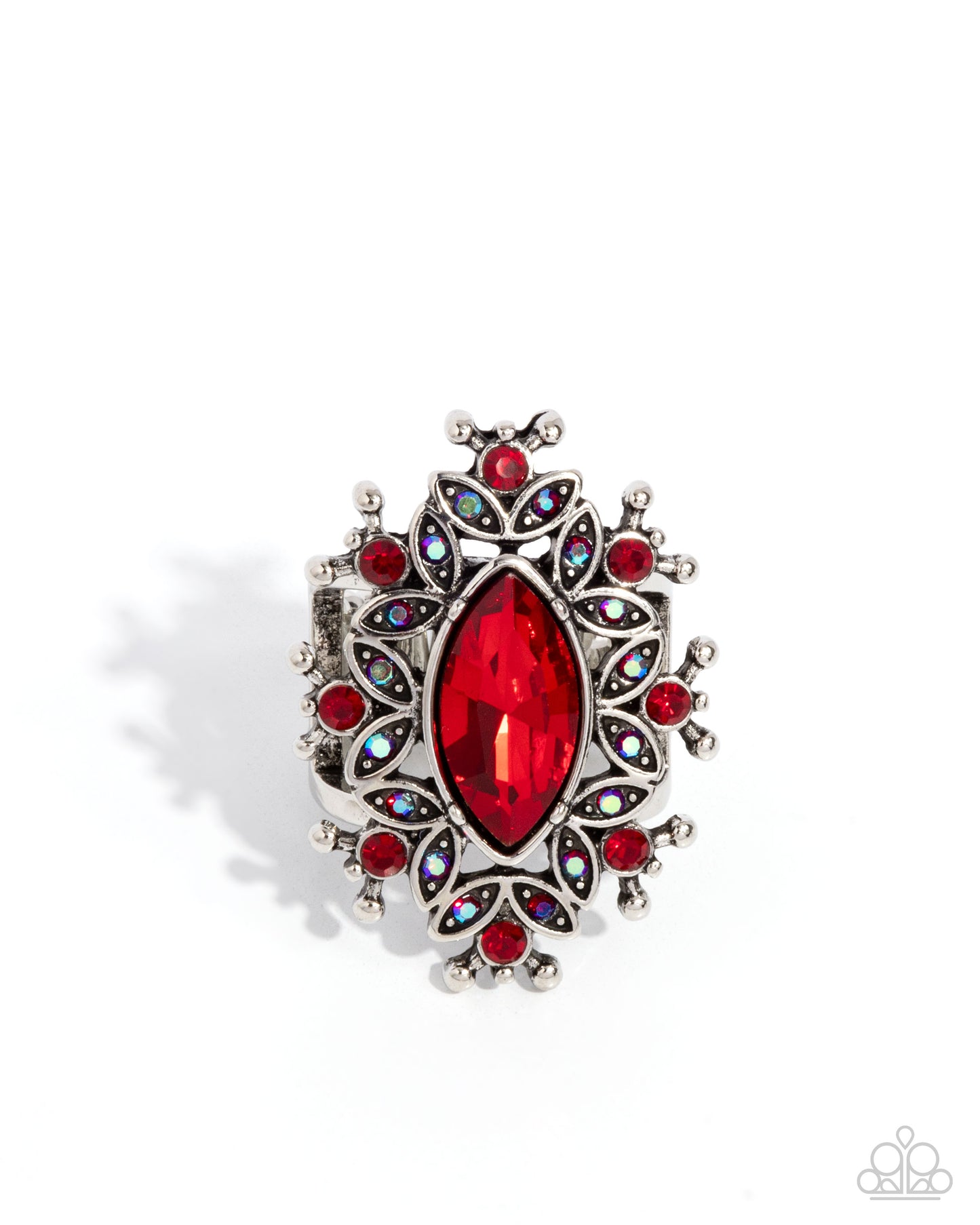 Elaborate Effect - Red Gem/Iridescent Rhinestones/Silver Filigree Frame Paparazzi Ring