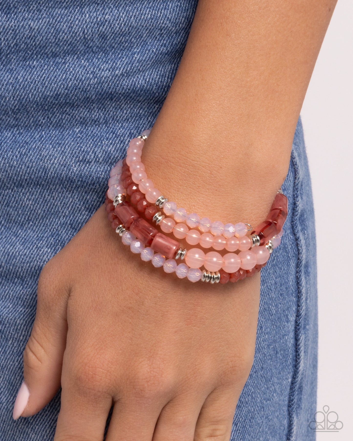 Defaced Dance - Pink & peach Beads/Silver Discs Paparazzi Coil Bracelet