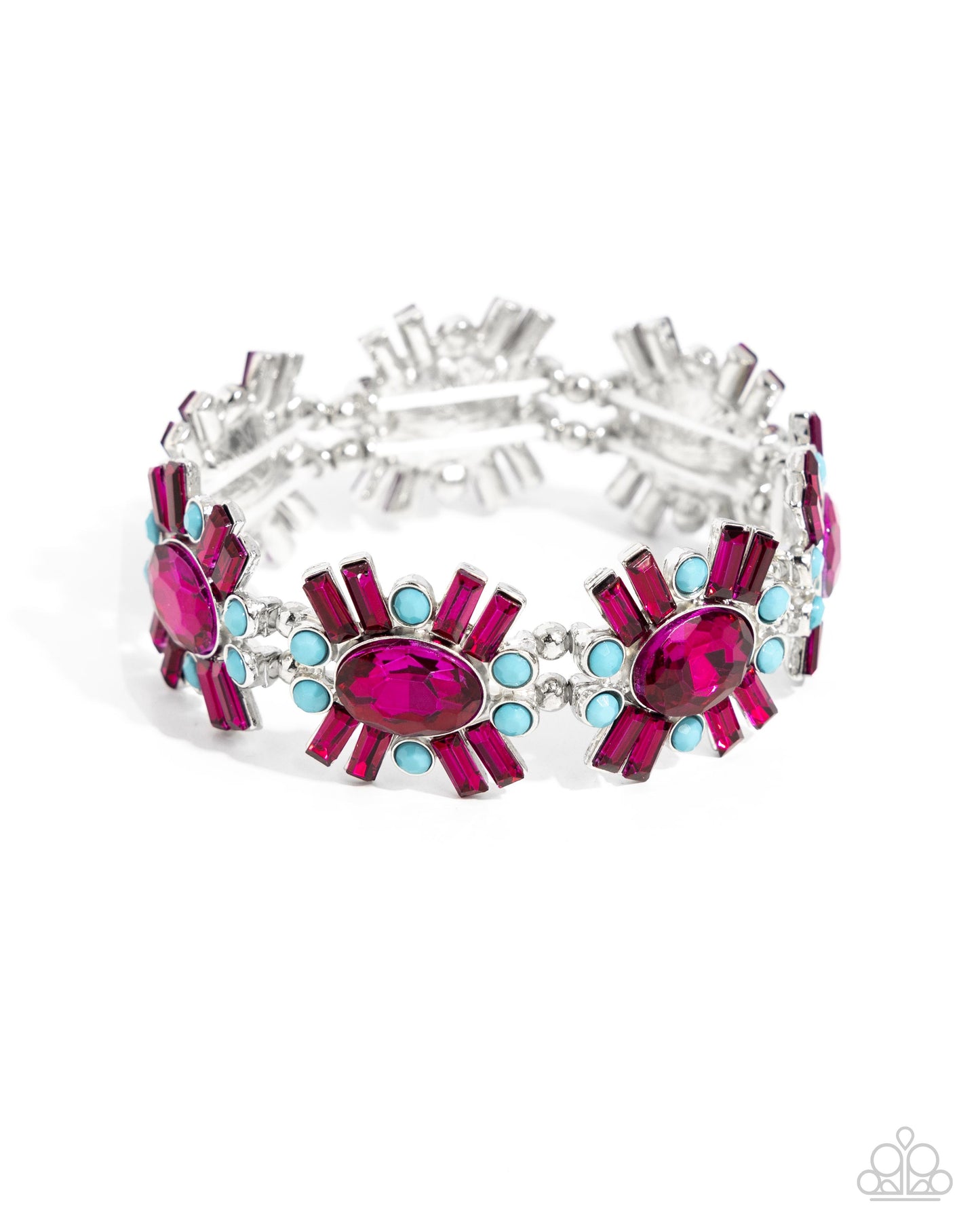 Bewildering Bling - Pink Rhinestones, Silver Sunburst Frames, & Blue Acrylic Accents Paparazzi Stretch Bracelet