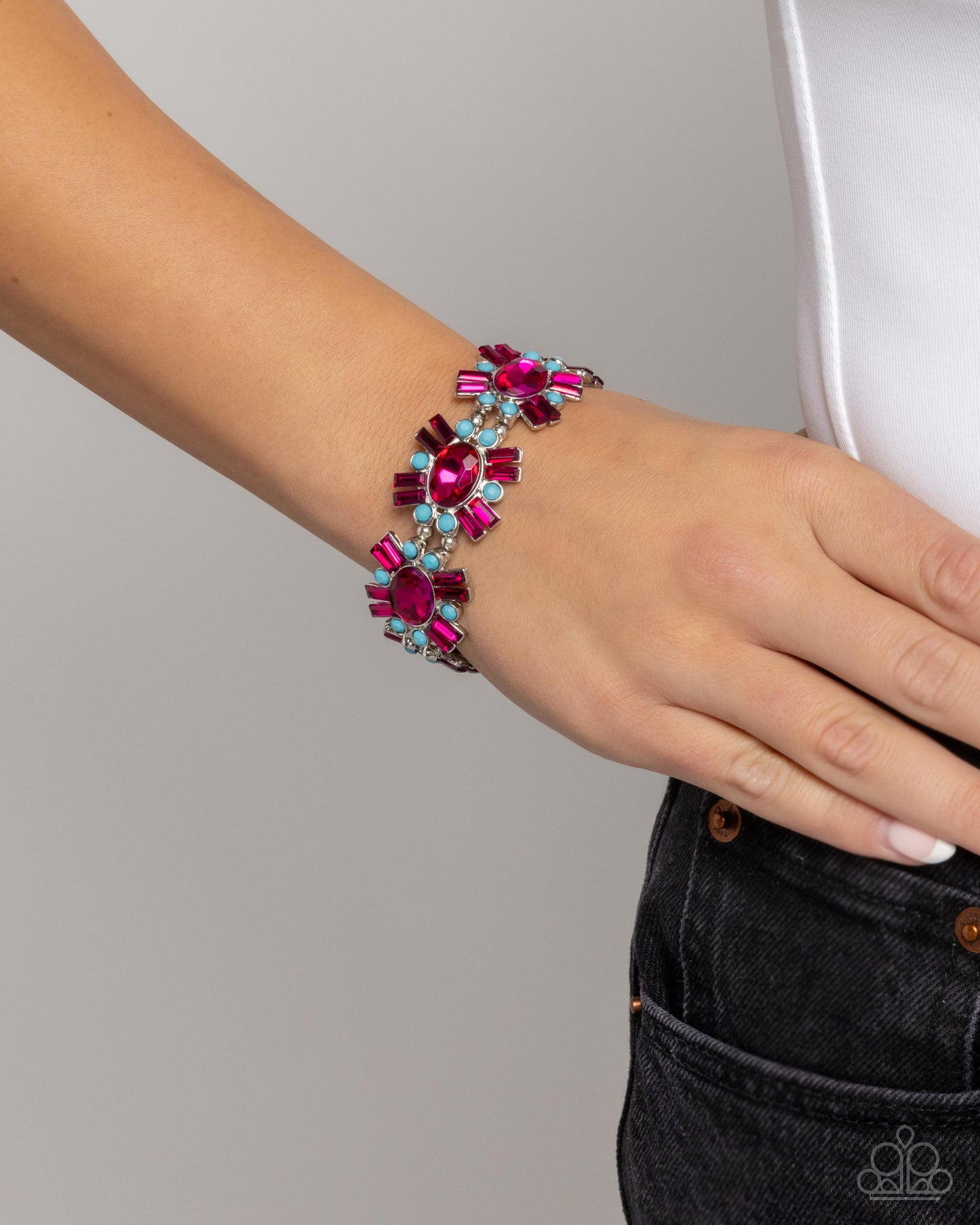 Bewildering Bling - Pink Rhinestones, Silver Sunburst Frames, & Blue Acrylic Accents Paparazzi Stretch Bracelet