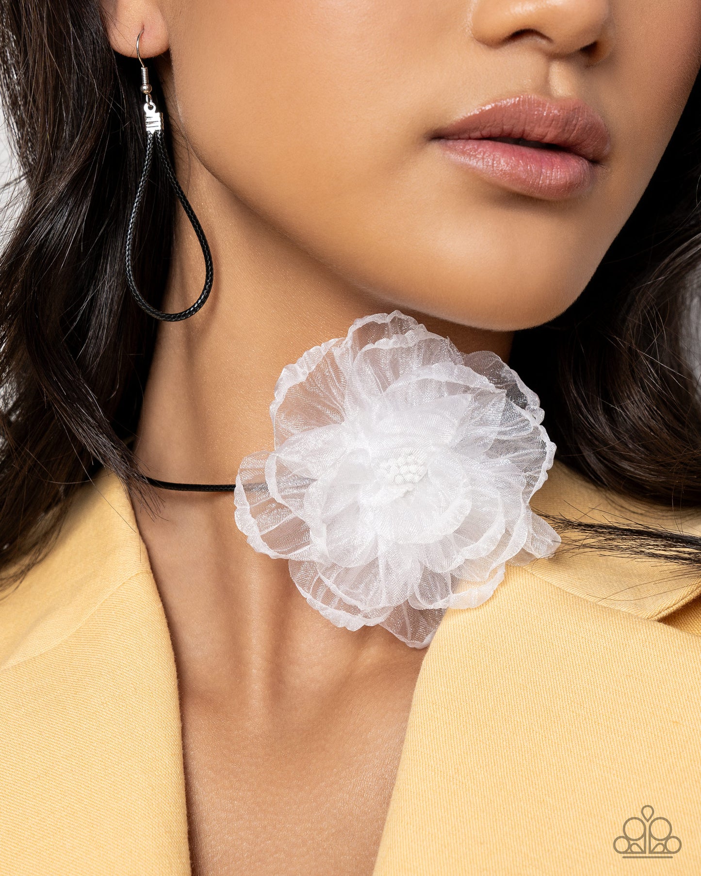 French Facade - White Tulle Blossom/Braided Black Cord Paparazzi Necklace & matching earrings