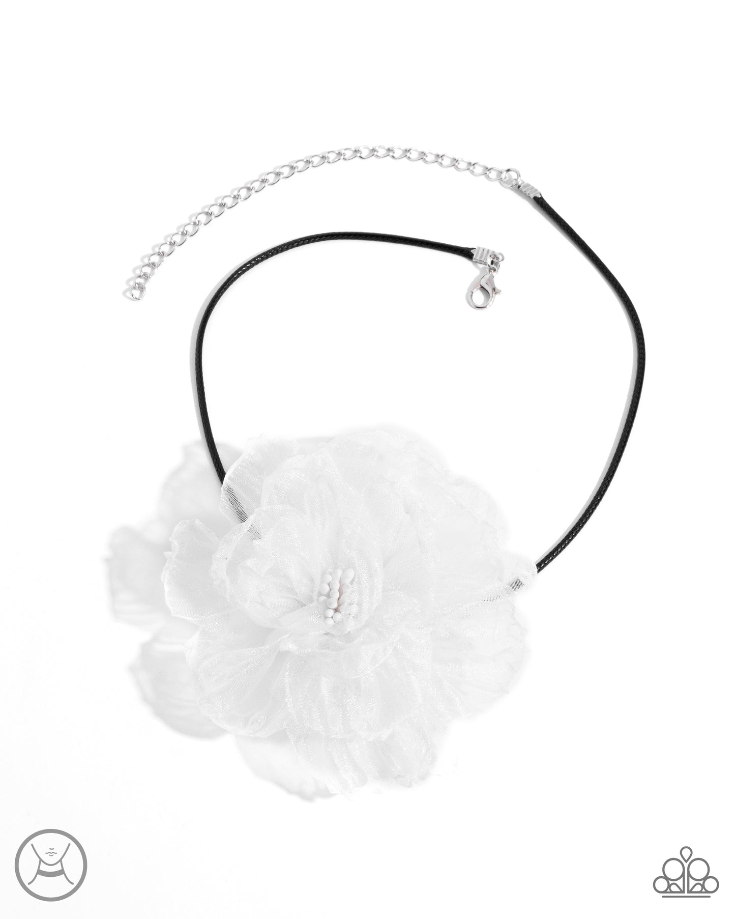 French Facade - White Tulle Blossom/Braided Black Cord Paparazzi Necklace & matching earrings