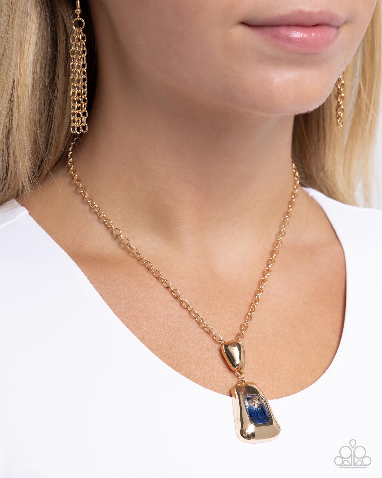 Pendant Promise - Blue Gem/Oversized Gold Abstract Pendant Paparazzi Necklace & matching earrings