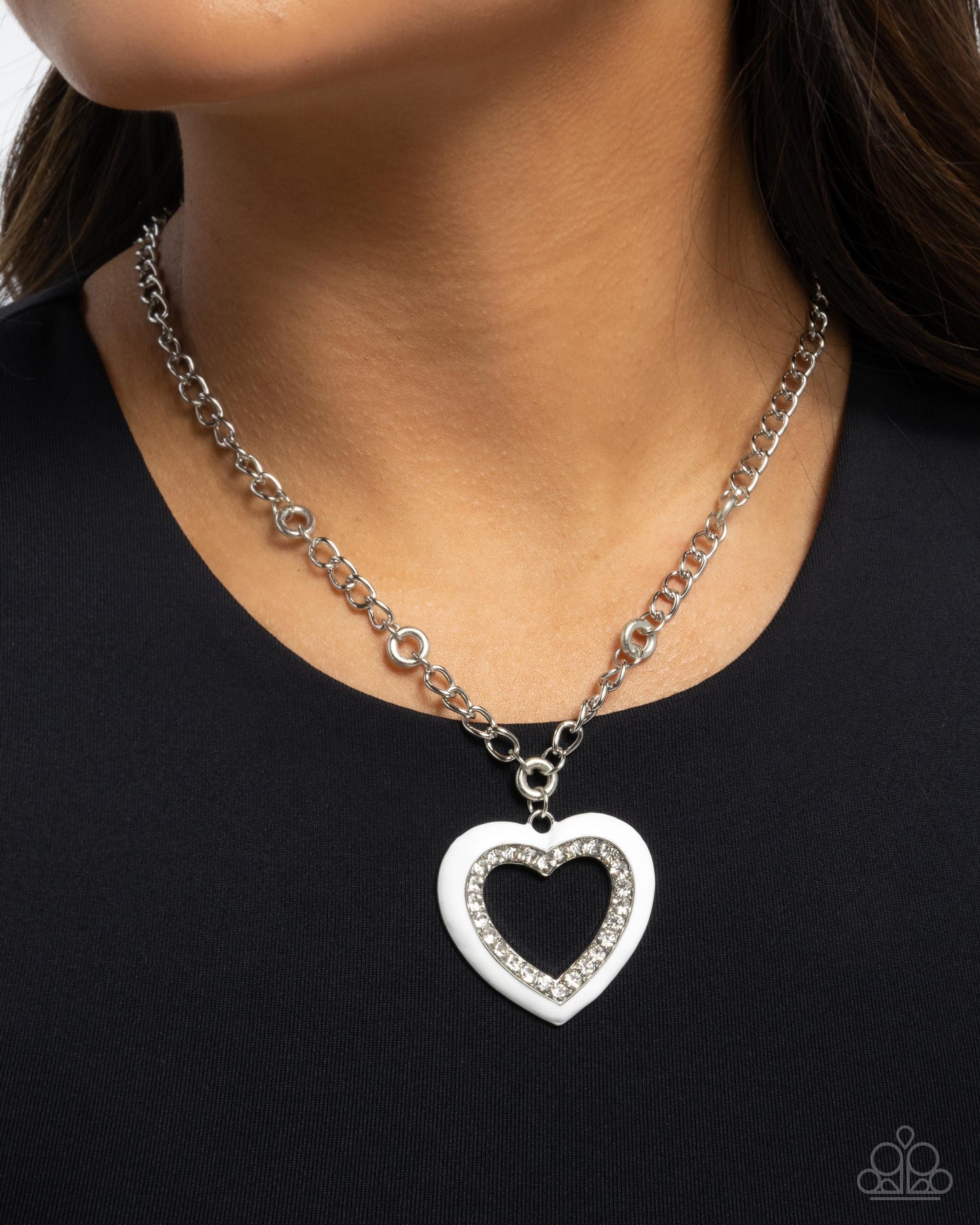 Romantic Rule - White/White Rhinestone Heart Pendant Paparazzi Necklace & matching earrings