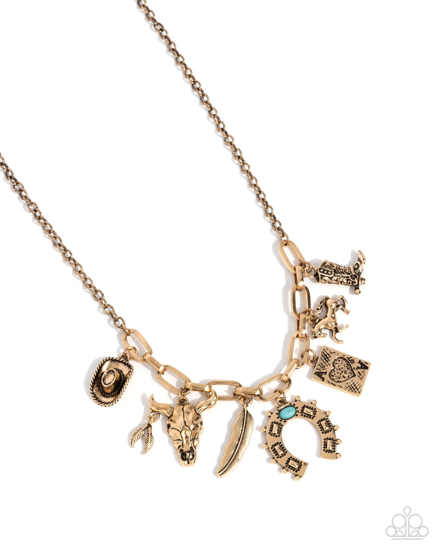 Saloon Girl - Gold Western-Inspired Charm Paparazzi Necklace & matching earrings