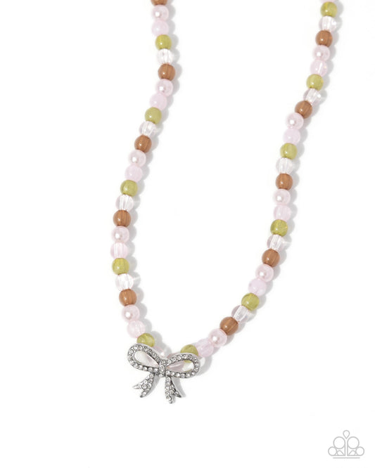 Elegant Empress - Pink, Green, Brown Beads/Silver Bow Paparazzi Necklace & matching earrings