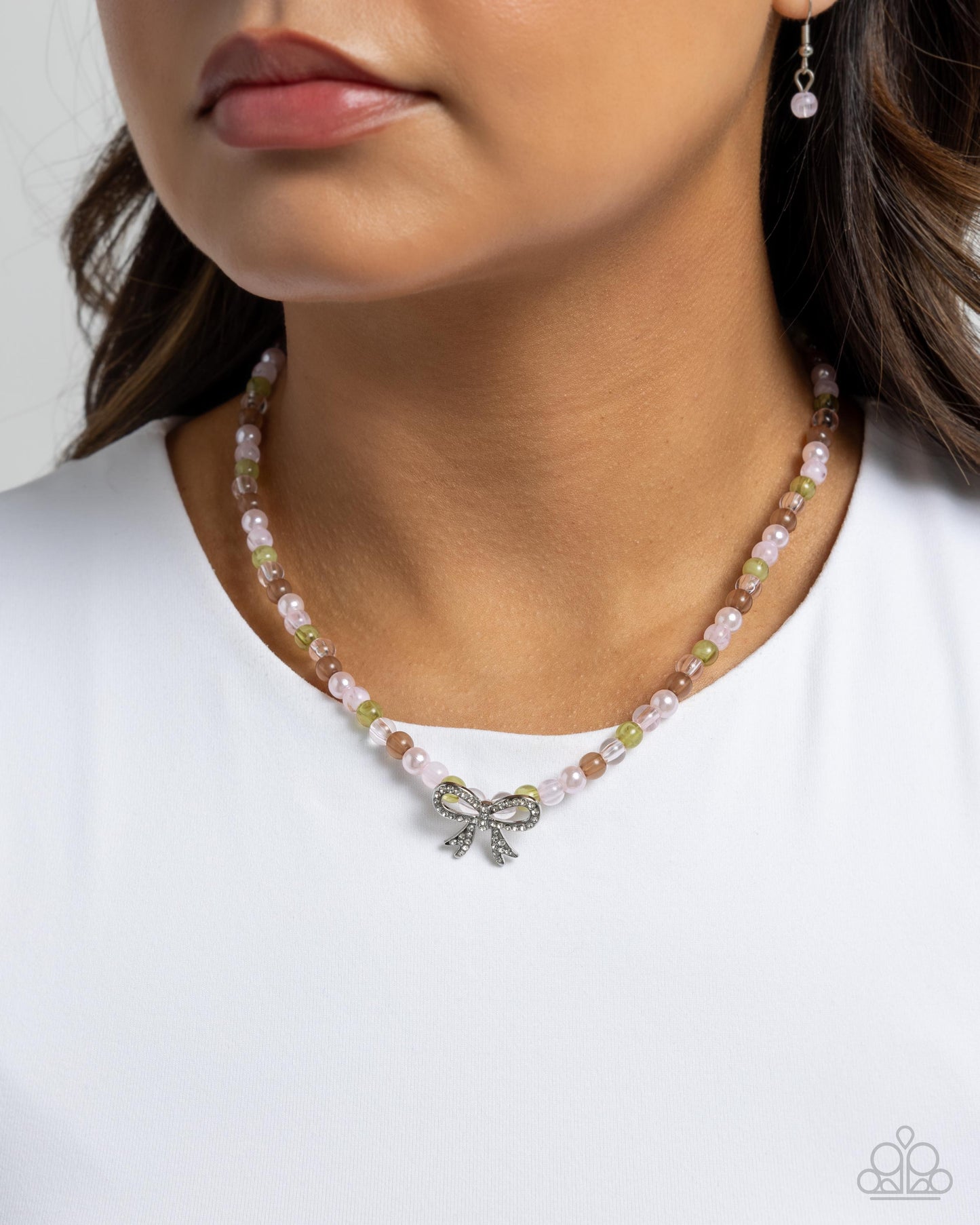 Elegant Empress - Pink, Green, Brown Beads/Silver Bow Paparazzi Necklace & matching earrings