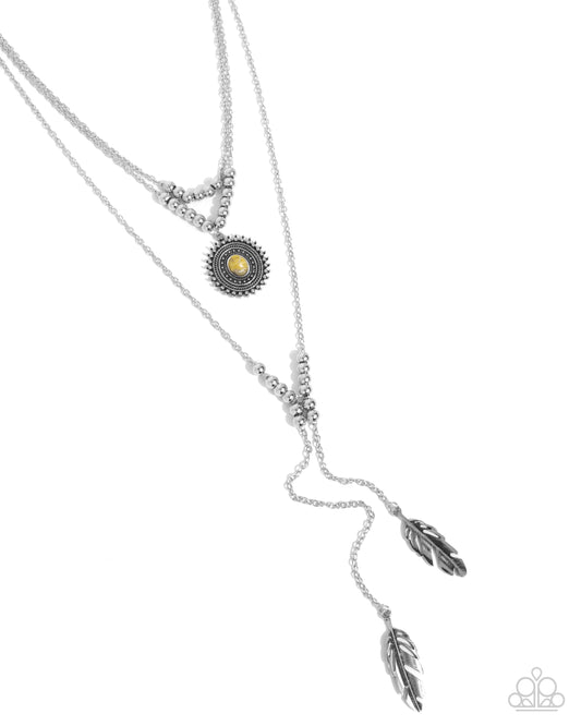 Free-Spirited Freestyle - Yellow Stone/Silver Feather Pendant Paparazzi Necklace & matching earrings