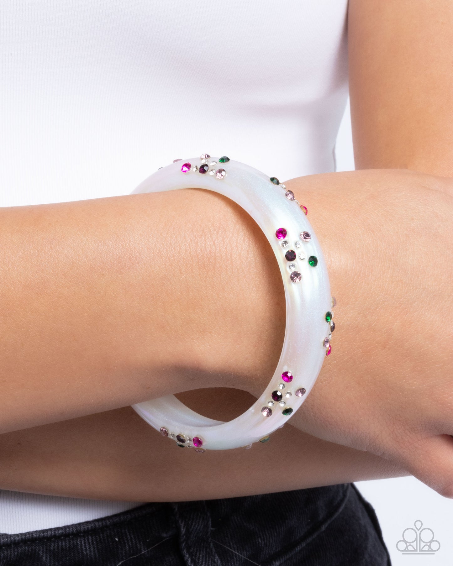 Captivating Color - Purple/Green/White Rhinestones & Iridescent Finish Paparazzi Bangle Bracelet