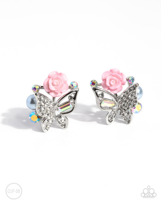 Fanciful Facade - Multicolored Iridescent Gems/Silver Butterfly/Pink Rose Paparazzi CLIP-ON Earrings