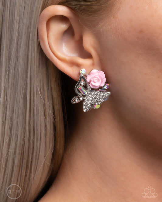 Fanciful Facade - Multicolored Iridescent Gems/Silver Butterfly/Pink Rose Paparazzi CLIP-ON Earrings