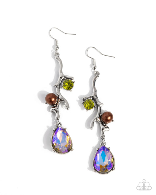 Glitzy Giveaway - Multicolored UV Teardrop Gems, Olive Rhinestones, Brown Pearls, & Delicate Silver Branches Paparazzi Earrings