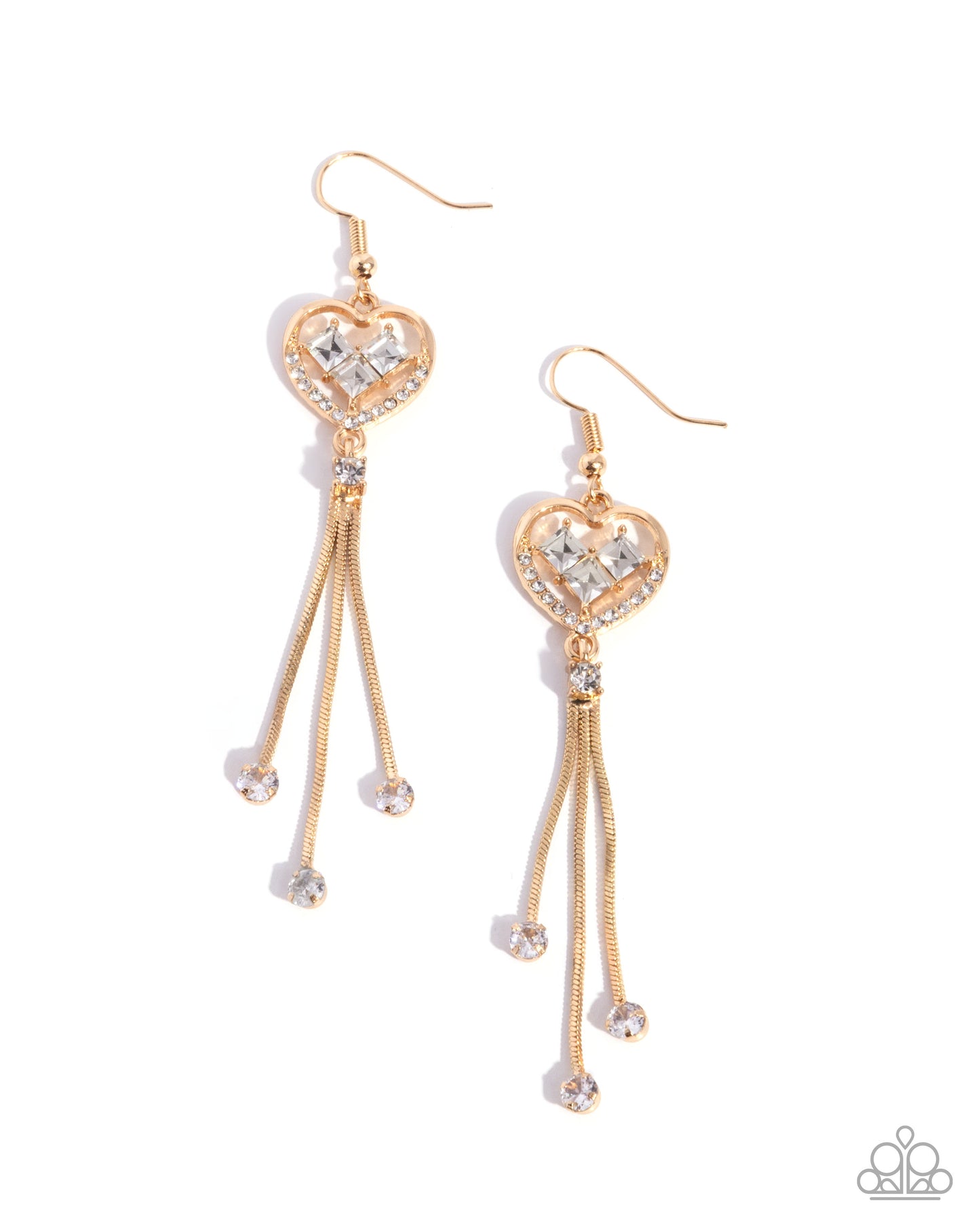 Cascading Character - Gold Airy Heart/White Square Gems/Gold Chain Tassels Paparazzi Earrings