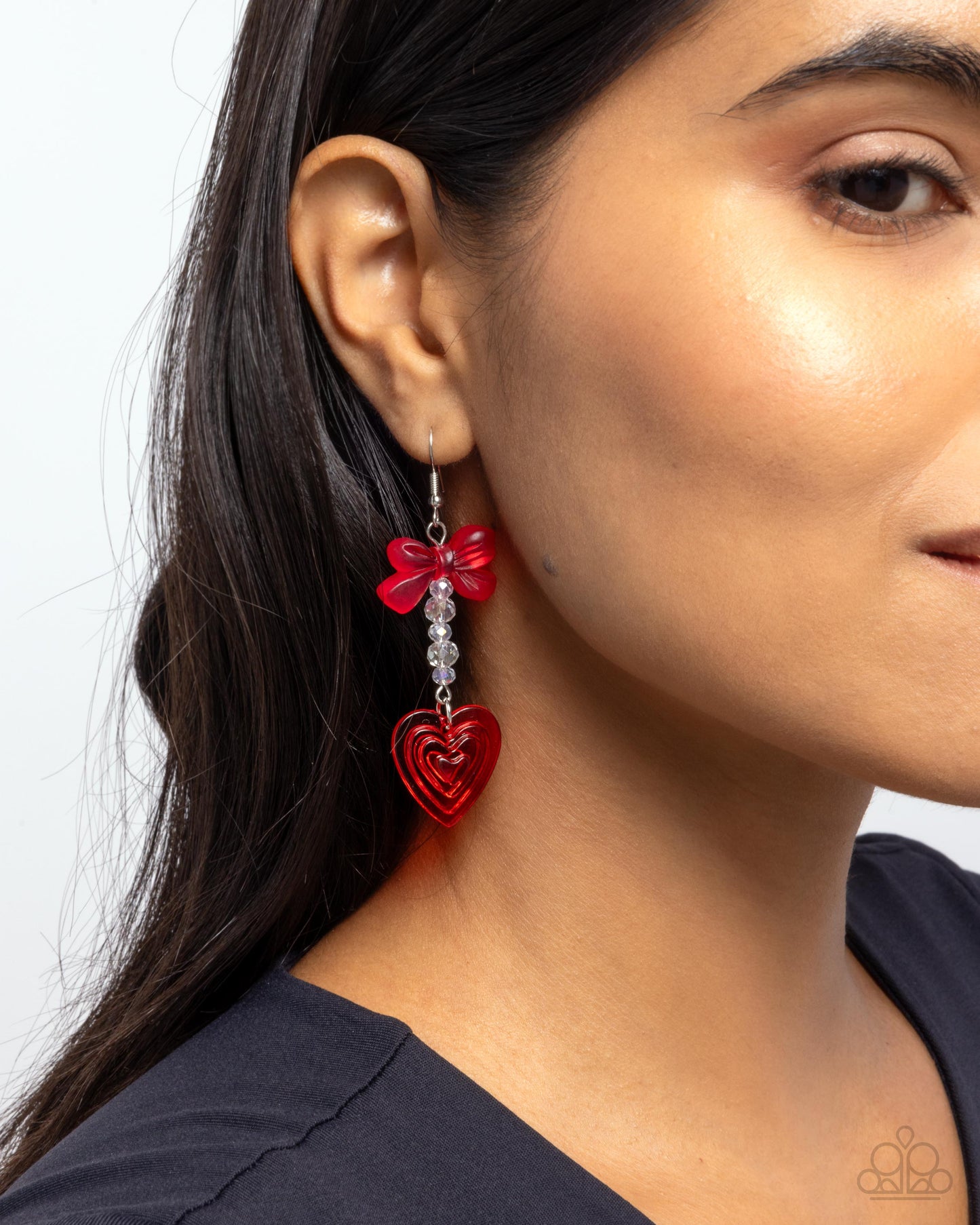 Feminine Freefall - Red Bow, White Beads, & Layered Red Heart Paparazzi Earrings