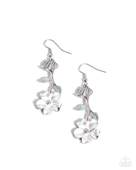 Flourishing Activity - White Flower/Pearlized Green Leaves Paparazzi Earrings